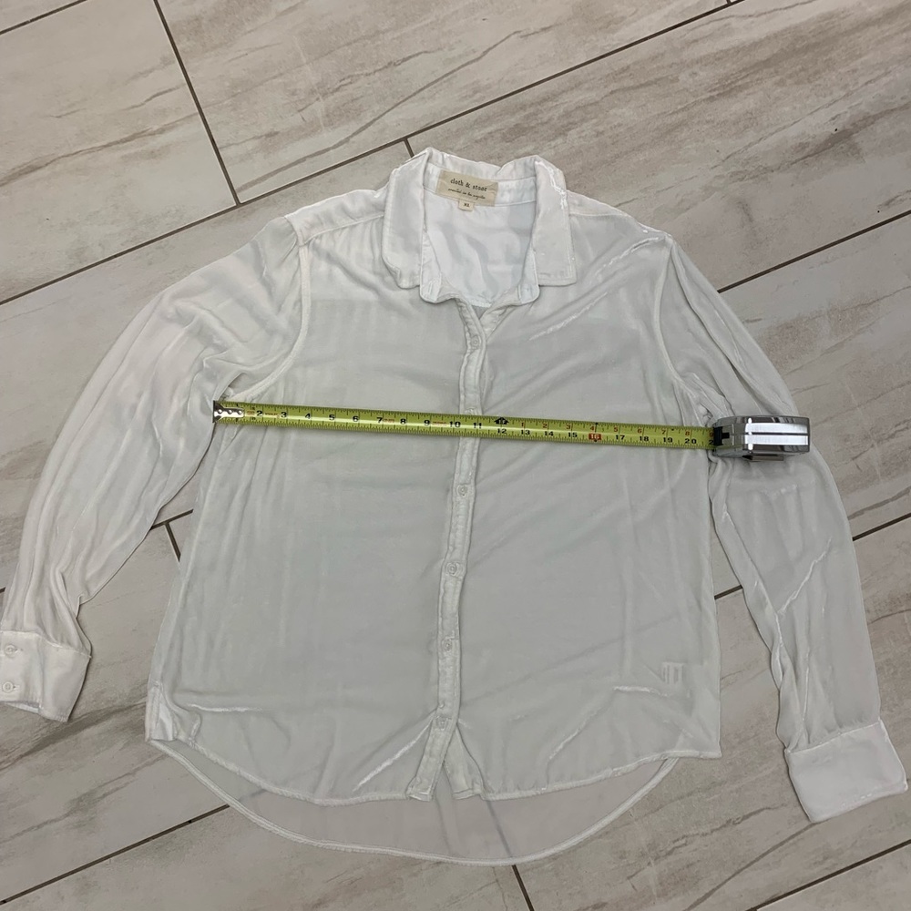 Soft, feels like light velvet, white button down blouse, great condition